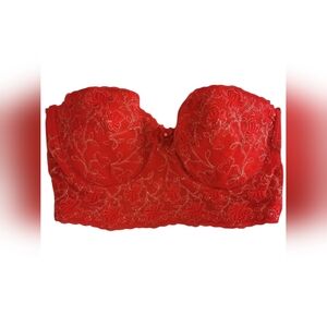 Rene Rofe Strapless Lace Bra Red Metallic Floral NWOT 36B